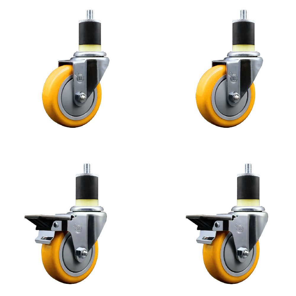 Polyurethane Swivel Expanding Stem Caster Set of 4 with 4 Inch Yellow Wheels and 1-7/8" Stems - Includes 2 with Posi Locking Brakes - 1400 lbs Total Capacity - Service Caster Brand — photo 1