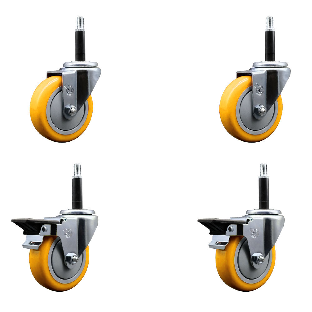 Polyurethane Swivel Expanding Stem Caster Set of 4 with 4 Inch Yellow Wheels and 3/4" Stems - Includes 2 with Posi Locking Brakes - 1400 lbs Total Capacity - Service Caster Brand — photo 1