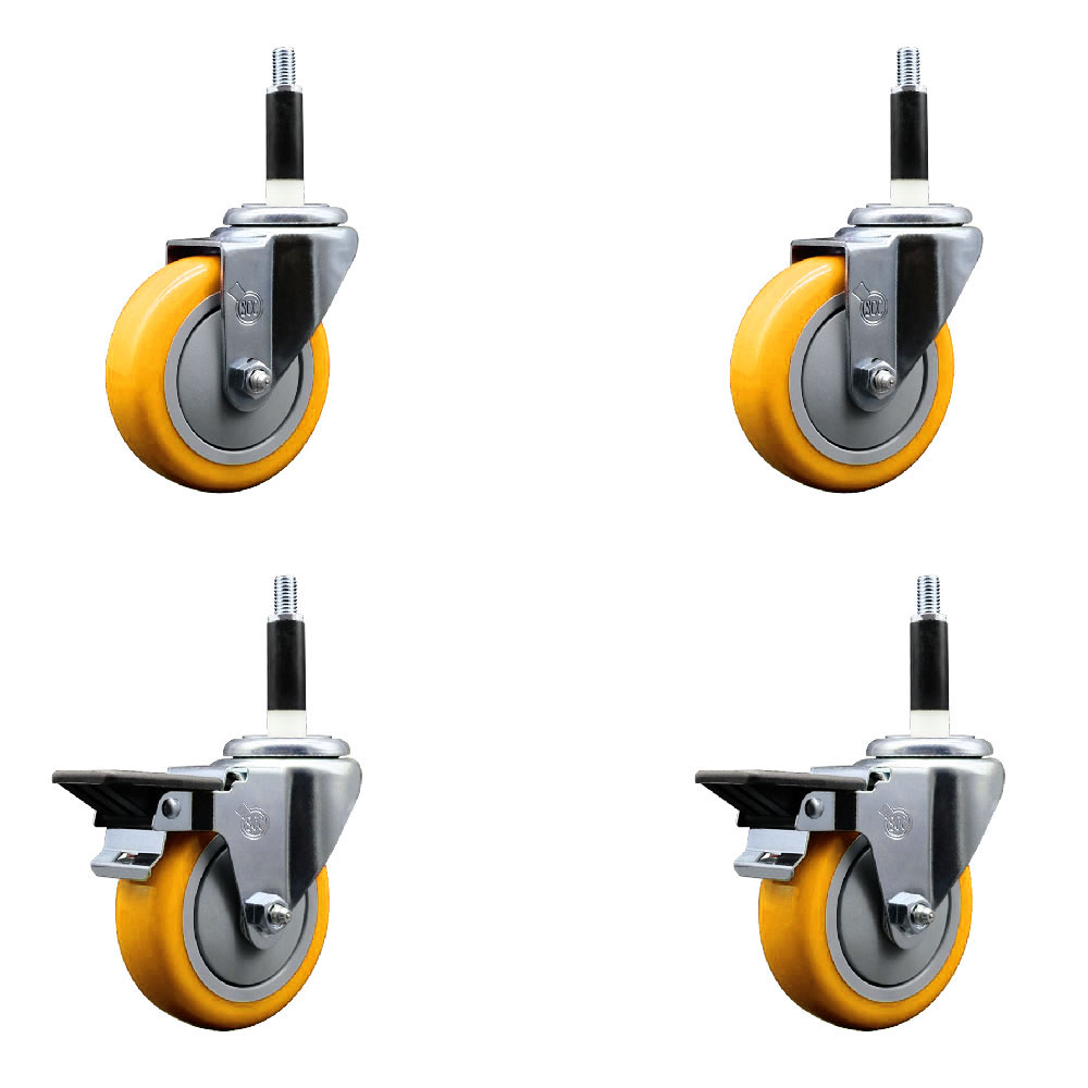 Polyurethane Swivel Expanding Stem Caster Set of 4 with 4 Inch Yellow Wheels and 7/8" Stems - Includes 2 with Posi Locking Brakes - 1400 lbs Total Capacity - Service Caster Brand — photo 1