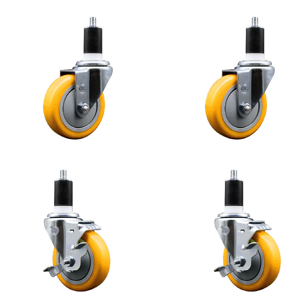 Stainless Steel Polyurethane Swivel Expanding Stem Caster Set of 4 with 4 Inch Yellow Wheels and 1-1/2" Stems - Includes 2 with Top Locking Brakes - 1400 lbs Total Capacity - Service Caster Brand — photo 1