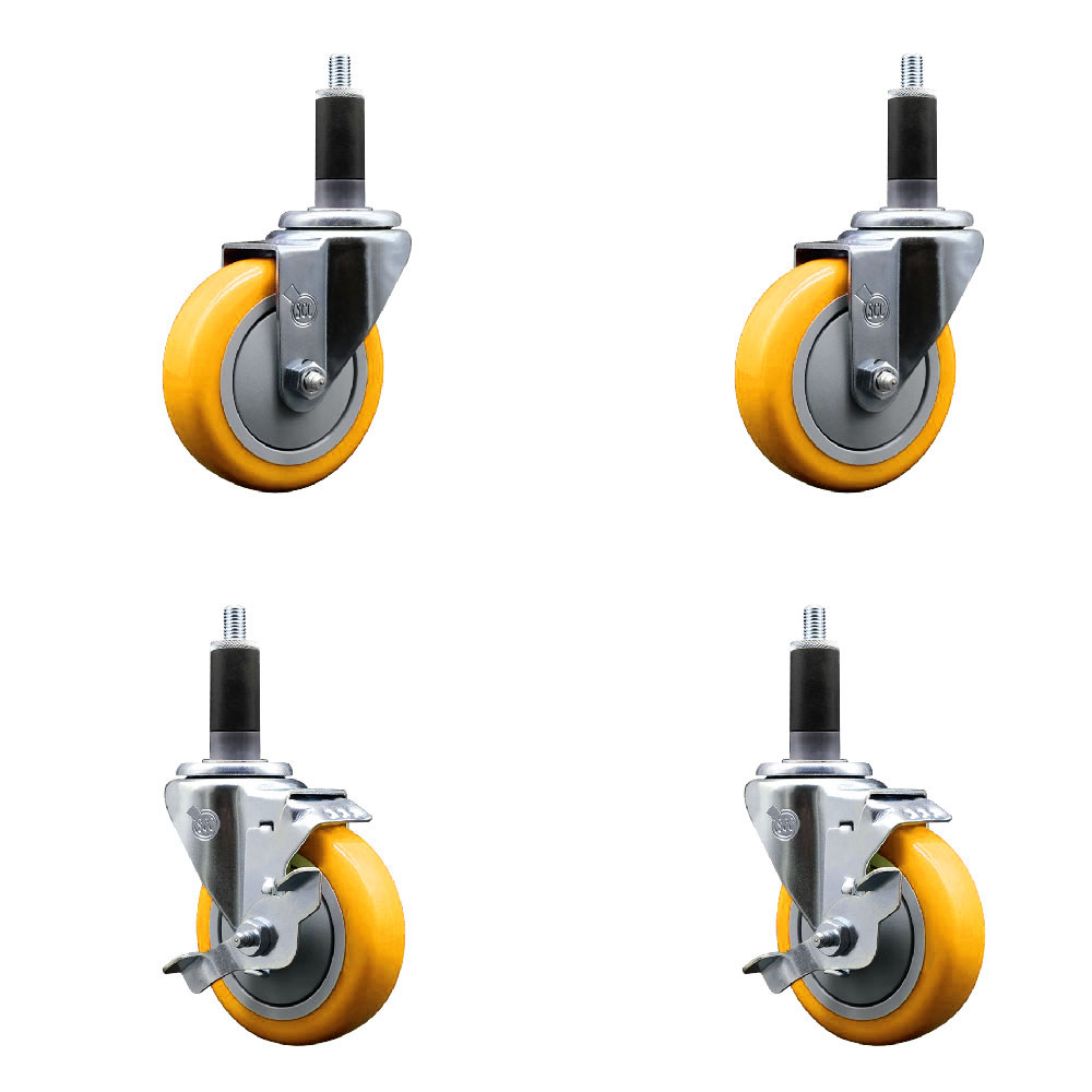 Stainless Steel Polyurethane Swivel Expanding Stem Caster Set of 4 with 4 Inch Yellow Wheels and 1-1/8" Stems - Includes 2 with Top Locking Brakes - 1400 lbs Total Capacity - Service Caster Brand — photo 1