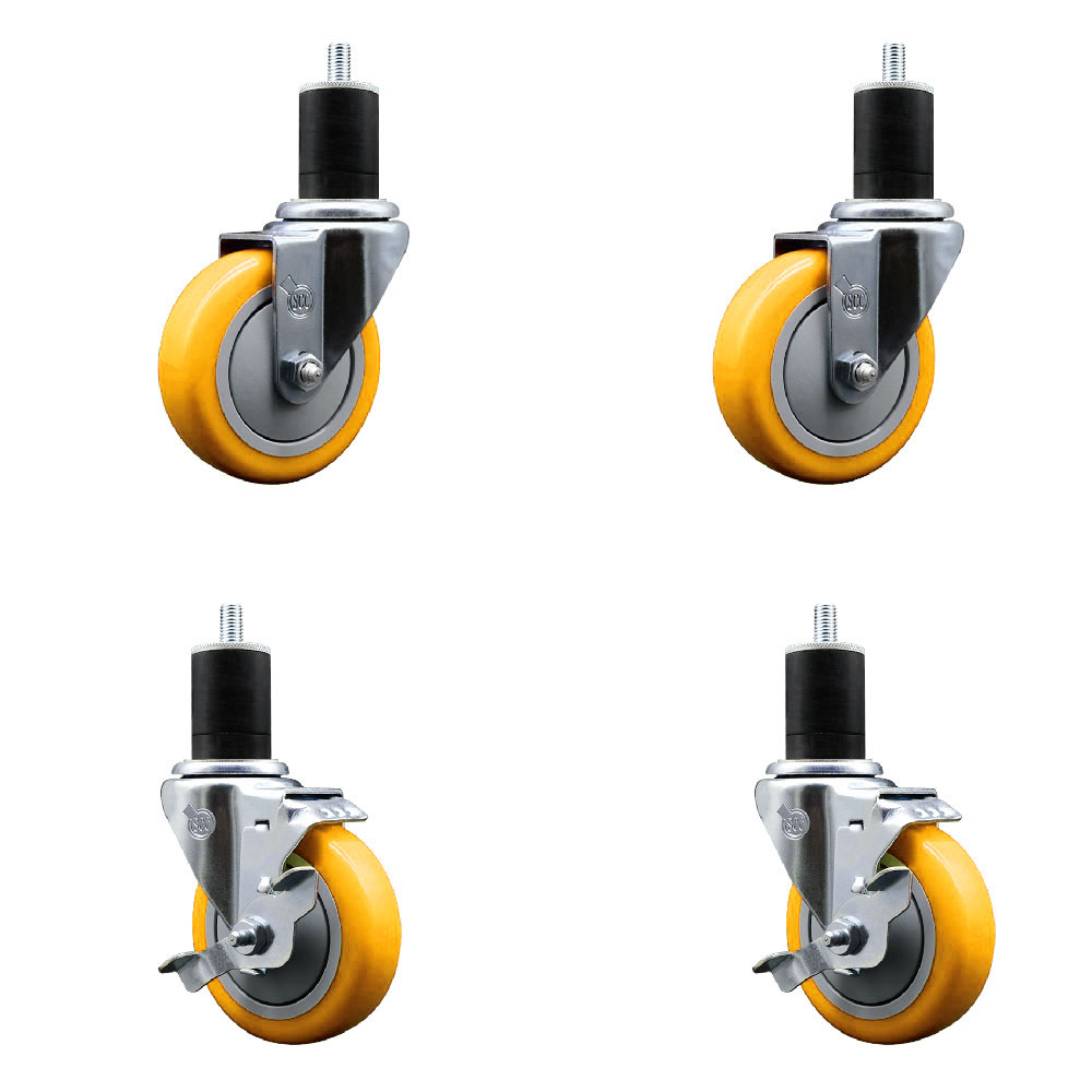 Stainless Steel Polyurethane Swivel Expanding Stem Caster Set of 4 with 4 Inch Yellow Wheels and 1-3/4" Stems - Includes 2 with Top Locking Brakes - 1400 lbs Total Capacity - Service Caster Brand — photo 1
