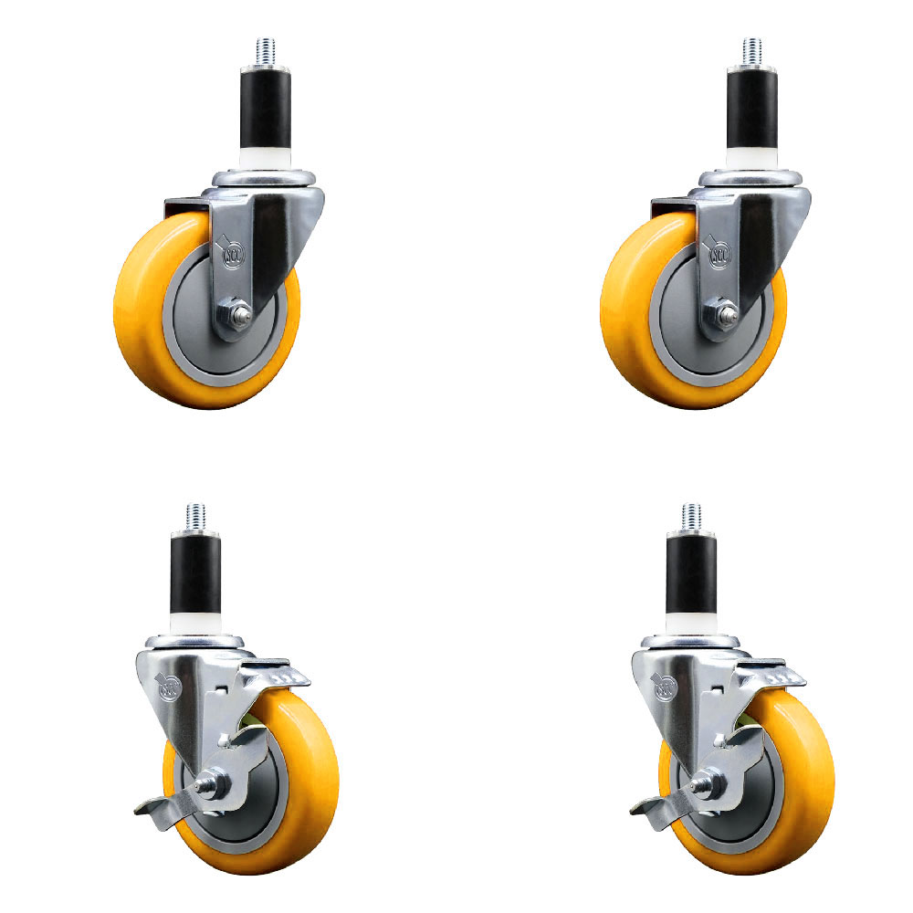 Polyurethane Swivel Expanding Stem Caster Set of 4 with 4 Inch Yellow Wheels and 1-3/8" Stems - Includes 2 with Top Locking Brakes - 1400 lbs Total Capacity - Service Caster Brand — photo 1