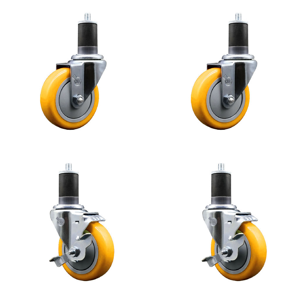 Polyurethane Swivel Expanding Stem Caster Set of 4 with 4 Inch Yellow Wheels and 1-5/8" Stems - Includes 2 with Top Locking Brakes - 1400 lbs Total Capacity - Service Caster Brand — photo 1