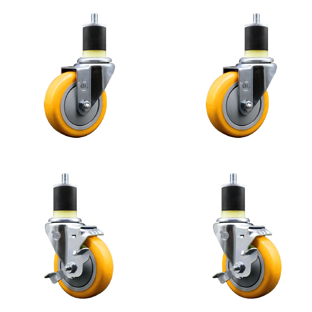 Stainless Steel Polyurethane Swivel Expanding Stem Caster Set of 4 with 4 Inch Yellow Wheels and 1-7/8" Stems - Includes 2 with Top Locking Brakes - 1400 lbs Total Capacity - Service Caster Brand — photo 1