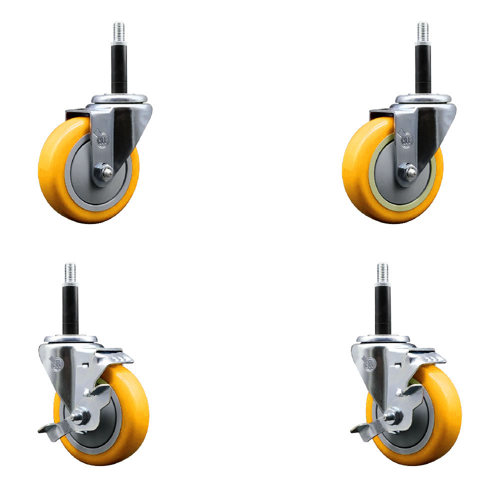Stainless Steel Polyurethane Swivel Expanding Stem Caster Set of 4 with 4 Inch Yellow Wheels and 3/4" Stems - Includes 2 with Top Locking Brakes - 1400 lbs Total Capacity - Service Caster Brand — photo 1