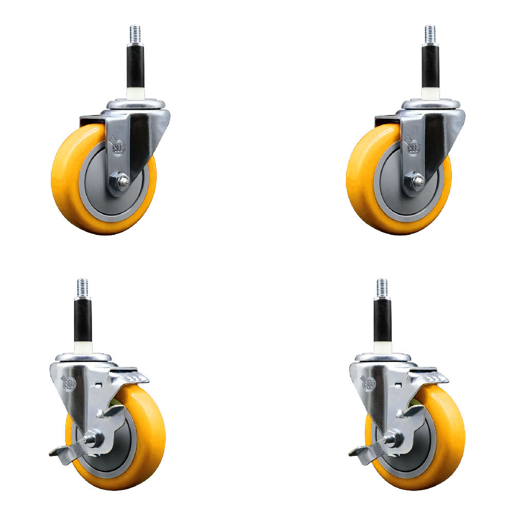 Polyurethane Swivel Expanding Stem Caster Set of 4 with 4 Inch Yellow Wheels and 7/8" Stems - Includes 2 with Top Locking Brakes - 1400 lbs Total Capacity - Service Caster Brand — photo 1