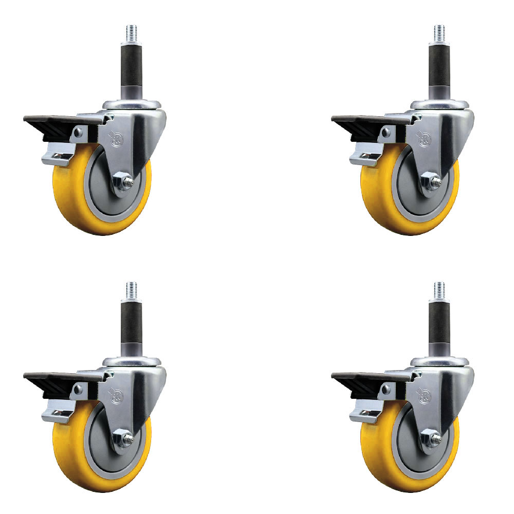 Polyurethane Swivel Expanding Stem Caster Set of 4 with 4 Inch Yellow Wheels and 1" Stems - Includes 4 Swivel with Posi Locking Brakes - 350 lbs. Capacity Per Caster - Service Caster Brand — photo 1