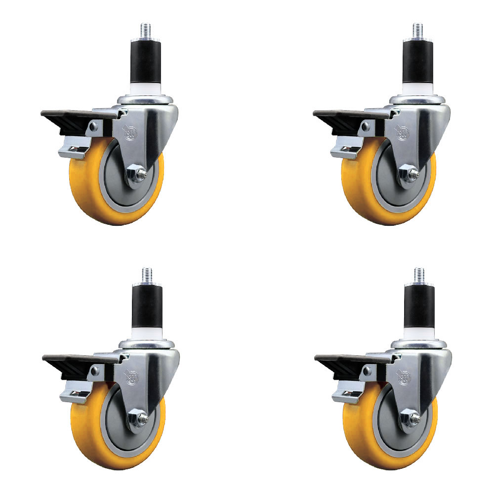 Polyurethane Swivel Expanding Stem Caster Set of 4 with 4 Inch Yellow Wheels and 1-1/2" Stems - Includes 4 Swivel with Posi Locking Brakes - 350 lbs. Capacity Per Caster - Service Caster Brand — photo 1