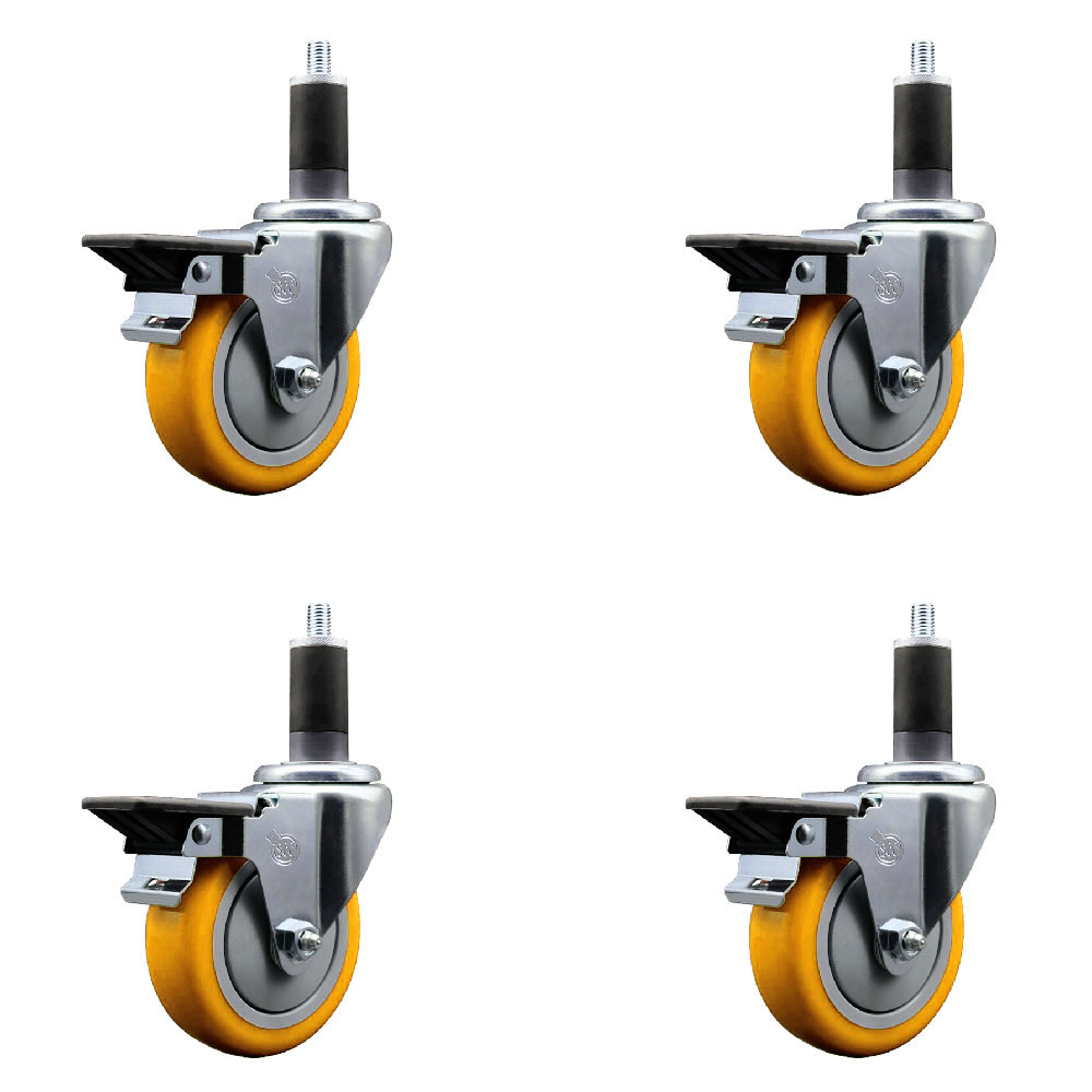 Polyurethane Swivel Expanding Stem Caster Set of 4 with 4 Inch Yellow Wheels and 1-1/4" Stems - Includes 4 Swivel with Posi Locking Brakes - 350 lbs. Capacity Per Caster - Service Caster Brand — photo 1