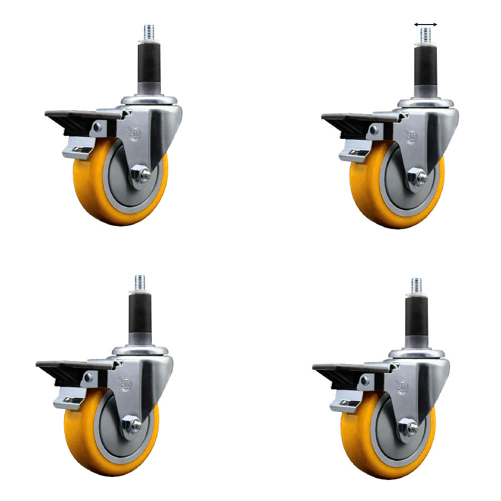 Polyurethane Swivel Expanding Stem Caster Set of 4 with 4 Inch Yellow Wheels and 1-1/8" Stems - Includes 4 Swivel with Posi Locking Brakes - 350 lbs. Capacity Per Caster - Service Caster Brand — photo 1