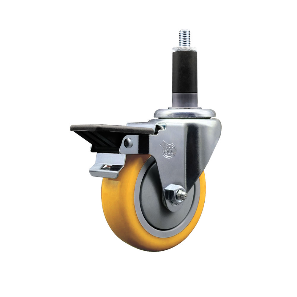 Polyurethane Expanding Stem Swivel Caster with 4 Inch Yellow Wheel and 1-1/8" Stem & Posi Locking Brake - 350 lbs. Capacity Per Caster - Service Caster Brand — photo 1