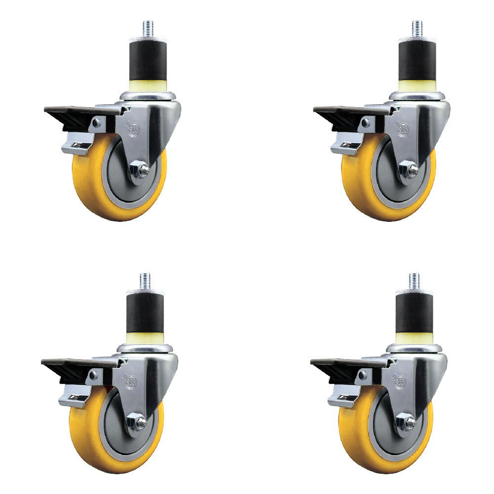 Polyurethane Swivel Expanding Stem Caster Set of 4 with 4 Inch Yellow Wheels and 1-7/8" Stems - Includes 4 Swivel with Posi Locking Brakes - 350 lbs. Capacity Per Caster - Service Caster Brand — photo 1