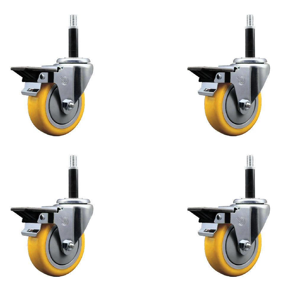 Polyurethane Swivel Expanding Stem Caster Set of 4 with 4 Inch Yellow Wheels and 3/4" Stems - Includes 4 Swivel with Posi Locking Brakes - 350 lbs. Capacity Per Caster - Service Caster Brand — photo 1