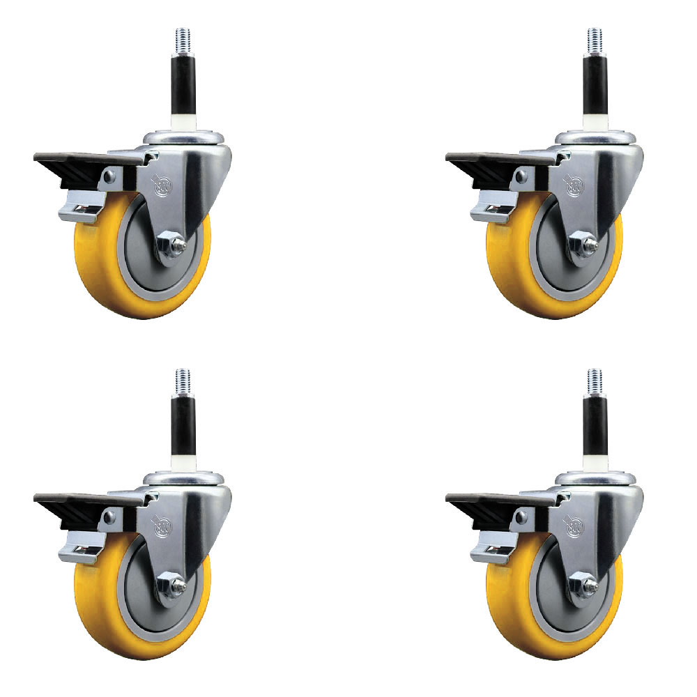 Polyurethane Swivel Expanding Stem Caster Set of 4 with 4 Inch Yellow Wheels and 7/8" Stems - Includes 4 Swivel with Posi Locking Brakes - 350 lbs. Capacity Per Caster - Service Caster Brand — photo 1
