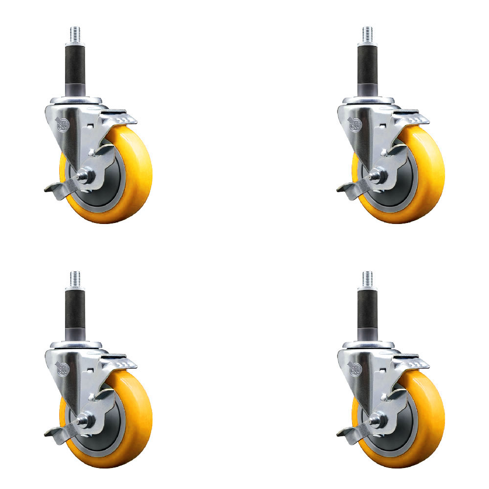 Stainless Steel Polyurethane Swivel Expanding Stem Caster Set of 4 with 4 Inch Yellow Wheels and 1" Stems - Includes 4 Swivel with Top Locking Brakes-350lbs. Capacity Per Caster - Service Caster Brand — photo 1