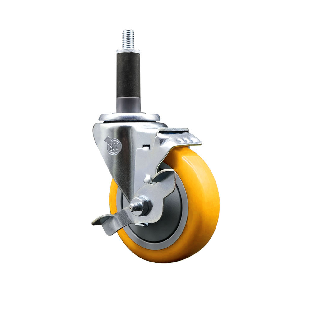Stainless Steel Polyurethane Expanding Stem Swivel Caster with 4 Inch Yellow Wheel and 1" Stem & Top Locking Brake - 350 lbs. Capacity Per Caster - Service Caster Brand — photo 1