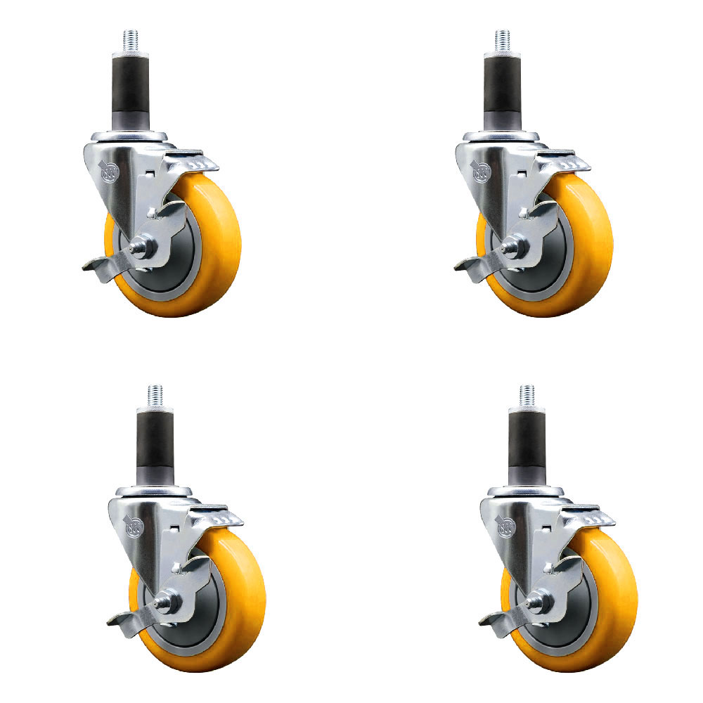 Polyurethane Swivel Expanding Stem Caster Set of 4 with 4 Inch Yellow Wheels and 1-1/4" Stems - Includes 4 Swivel with Top Locking Brakes - 350 lbs. Capacity Per Caster - Service Caster Brand — photo 1