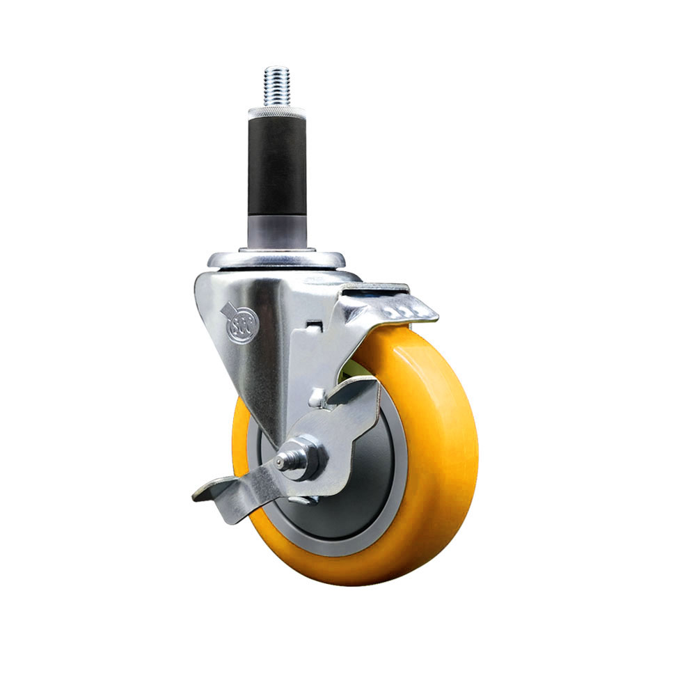 Polyurethane Expanding Stem Swivel Caster with 4 Inch Yellow Wheel and 1-1/8" Stem & Top Locking Brake - 350 lbs. Capacity Per Caster - Service Caster Brand — photo 1