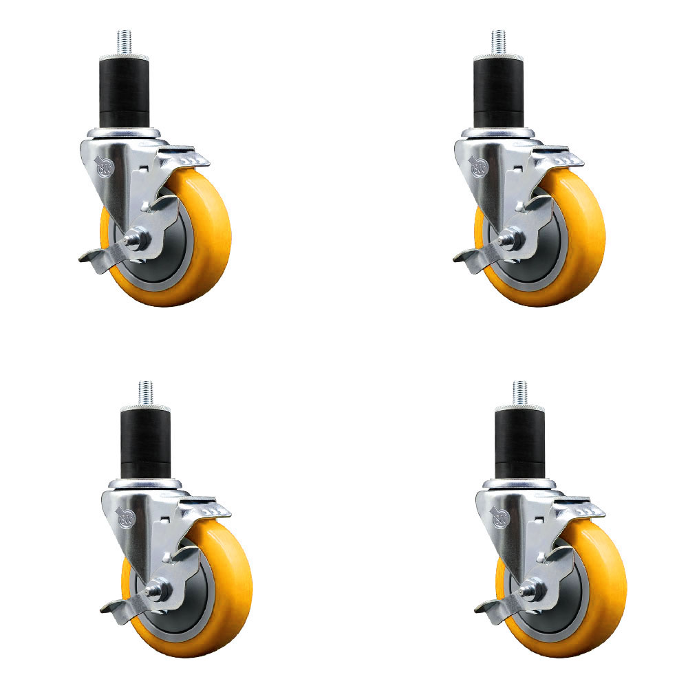 Polyurethane Swivel Expanding Stem Caster Set of 4 with 4 Inch Yellow Wheels and 1-3/4" Stems - Includes 4 Swivel with Top Locking Brakes - 350 lbs. Capacity Per Caster - Service Caster Brand — photo 1