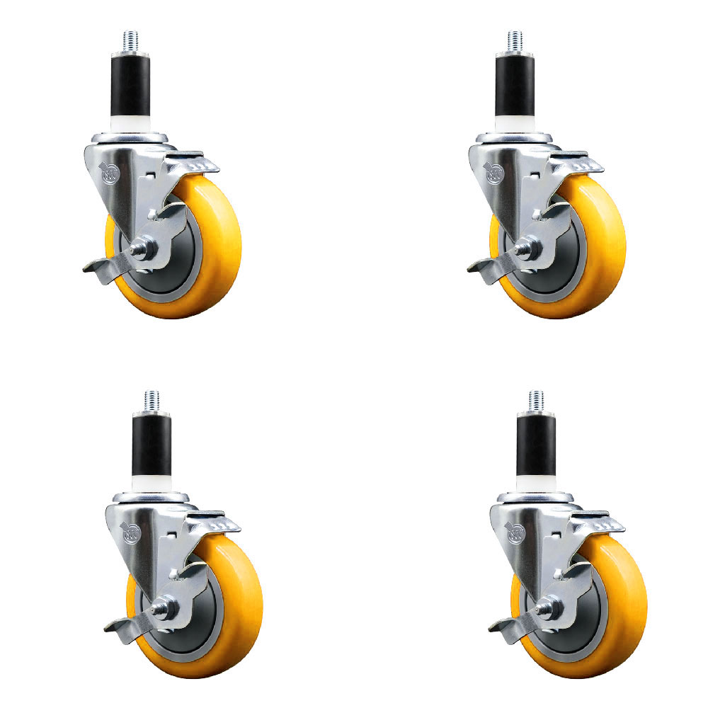 Stainless Steel Polyurethane Swivel Expanding Stem Caster Set of 4 with 4 Inch Yellow Wheels and 1-3/8" Stems-Includes 4 Swivel with Top Locking Brakes-350lbs. Capacity Per Caster-Service Caster Brand — photo 1