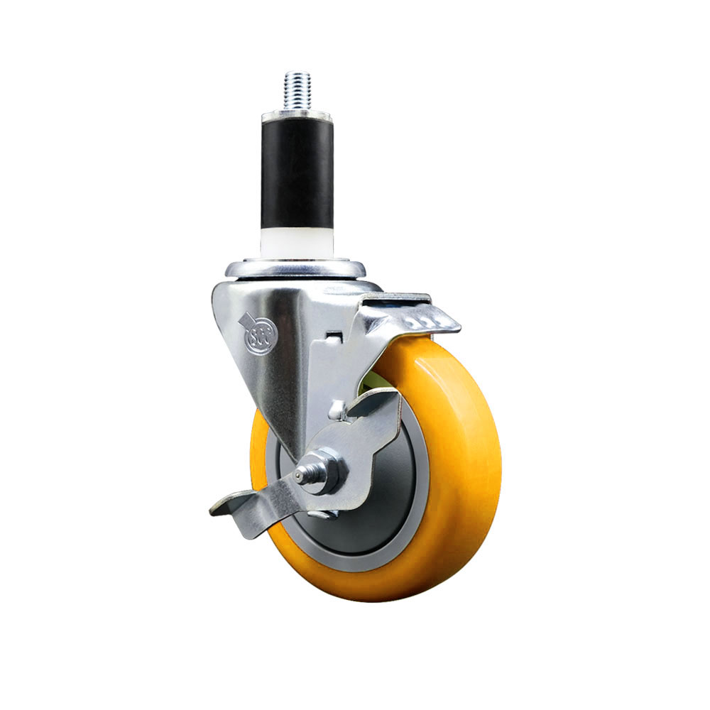 Polyurethane Expanding Stem Swivel Caster with 4 Inch Yellow Wheel and 1-3/8" Stem & Top Locking Brake - 350 lbs. Capacity Per Caster - Service Caster Brand — photo 1