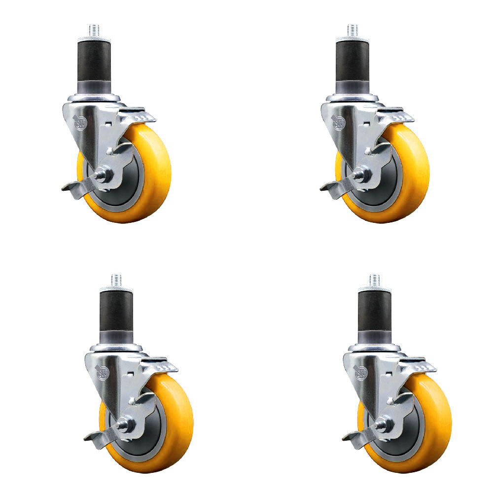 Polyurethane Swivel Expanding Stem Caster Set of 4 with 4 Inch Yellow Wheels and 1-5/8" Stems - Includes 4 Swivel with Top Locking Brakes - 350 lbs. Capacity Per Caster - Service Caster Brand — photo 1