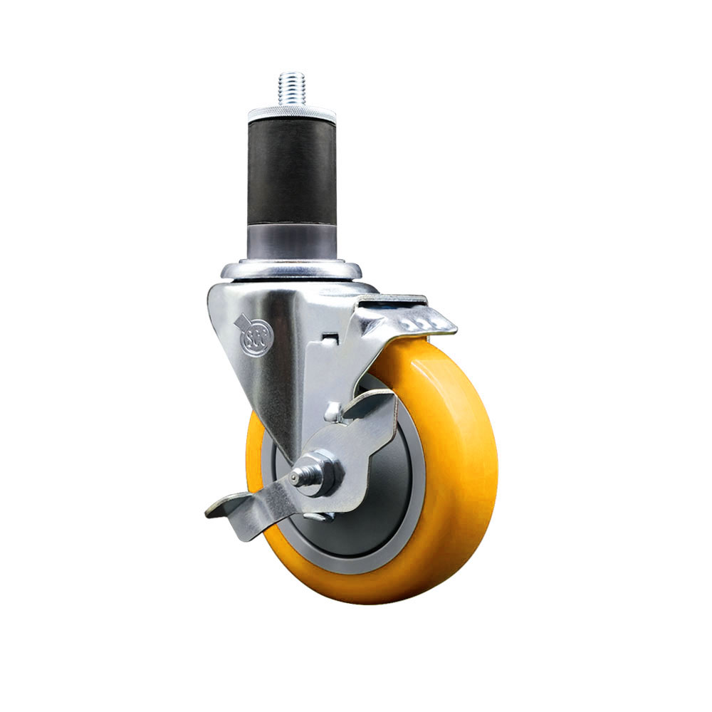 Stainless Steel Polyurethane Expanding Stem Swivel Caster with 4 Inch Yellow Wheel and 1-5/8" Stem & Top Locking Brake - 350 lbs. Capacity Per Caster - Service Caster Brand — photo 1