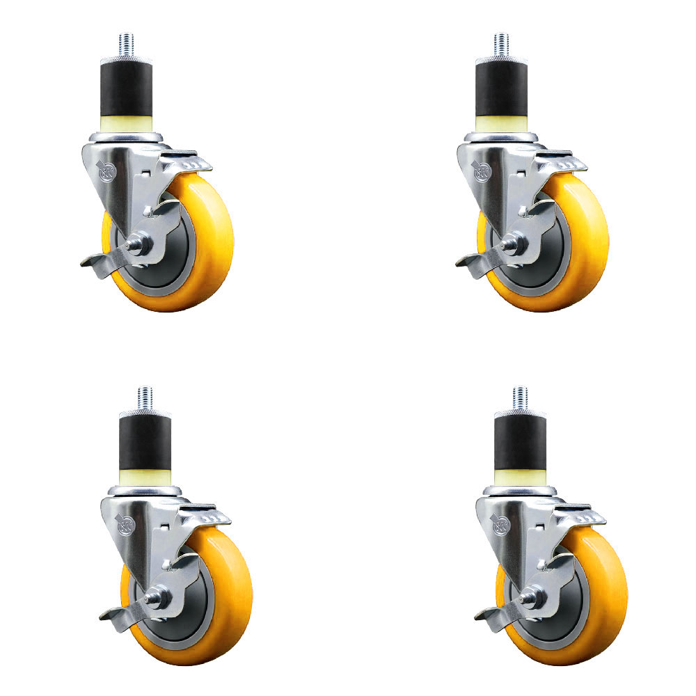 Stainless Steel Polyurethane Swivel Expanding Stem Caster Set of 4 with 4 Inch Yellow Wheels and 1-7/8" Stems-Includes 4 Swivel with Top Locking Brakes-350lbs. Capacity Per Caster-Service Caster Brand — photo 1