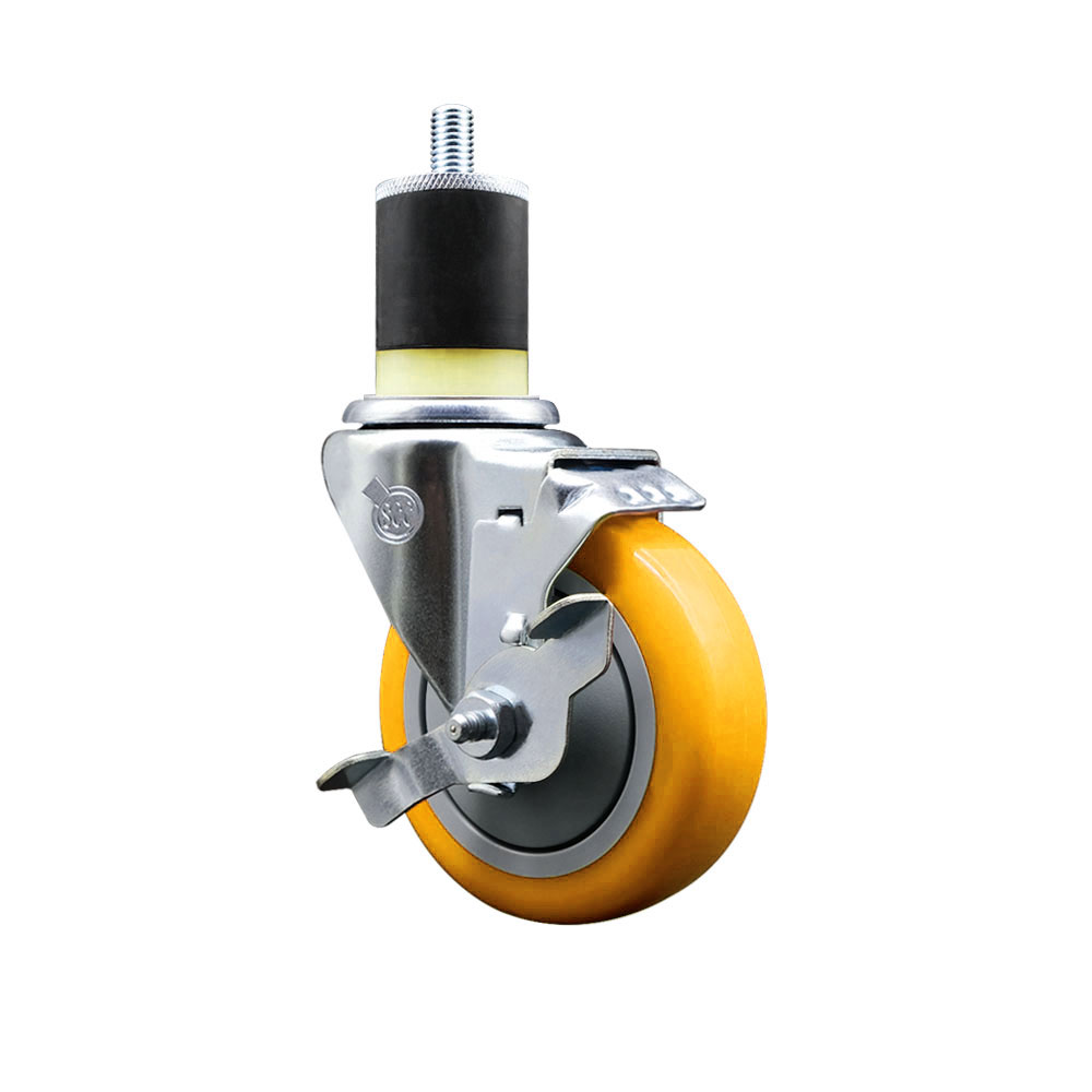 Stainless Steel Polyurethane Expanding Stem Swivel Caster with 4 Inch Yellow Wheel and 1-7/8" Stem & Top Locking Brake - 350 lbs. Capacity Per Caster - Service Caster Brand — photo 1