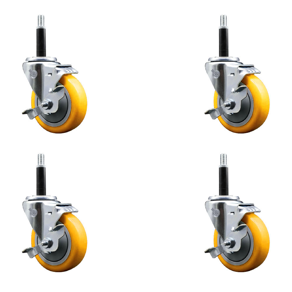 Stainless Steel Polyurethane Swivel Expanding Stem Caster Set of 4 with 4 Inch Yellow Wheels and 3/4" Stems-Includes 4 Swivel with Top Locking Brakes-350 lbs. Capacity Per Caster- Service Caster Brand — photo 1