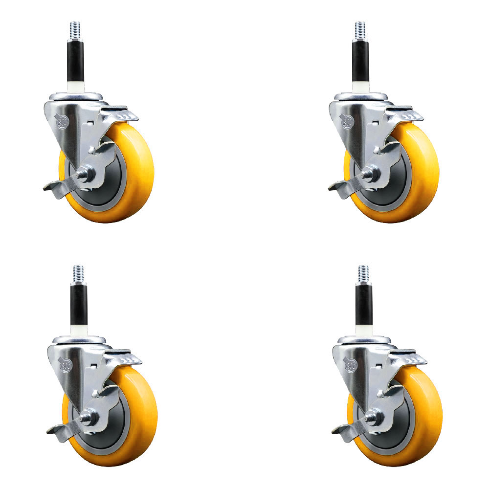 Polyurethane Swivel Expanding Stem Caster Set of 4 with 4 Inch Yellow Wheels and 7/8" Stems - Includes 4 Swivel with Top Locking Brakes - 350 lbs. Capacity Per Caster - Service Caster Brand — photo 1