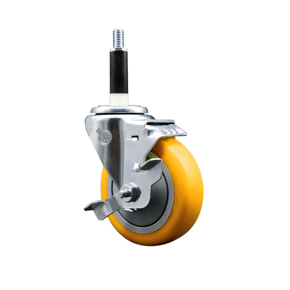 Polyurethane Expanding Stem Swivel Caster with 4 Inch Yellow Wheel and 7/8" Stem & Top Locking Brake - 350 lbs. Capacity Per Caster - Service Caster Brand — photo 1
