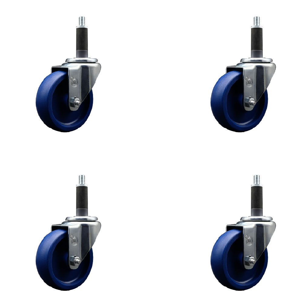Stainless Steel Solid Polyurethane Swivel Expanding Stem Caster Set of 4 with 4 Inch Blue Wheels and 1" Stems - 4 Swivel with Top Locking Brakes - 300 lbs. Capacity Per Caster - Service Caster Brand — photo 1