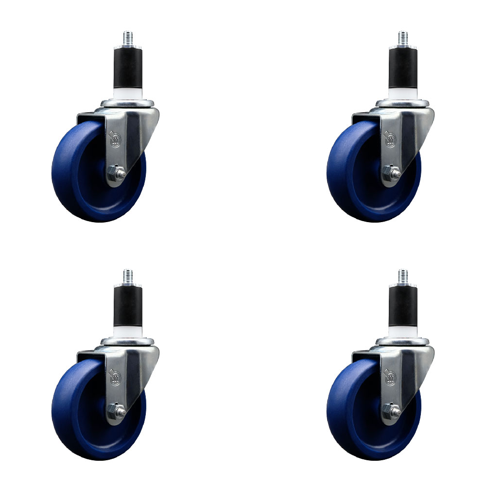 Stainless Steel Solid Polyurethane Swivel Expanding Stem Caster Set of 4 with 4 Inch Blue Wheels and 1-1/2" Stems - Includes 4 Swivel - 300 lbs. Capacity Per Caster - Service Caster Brand — photo 1