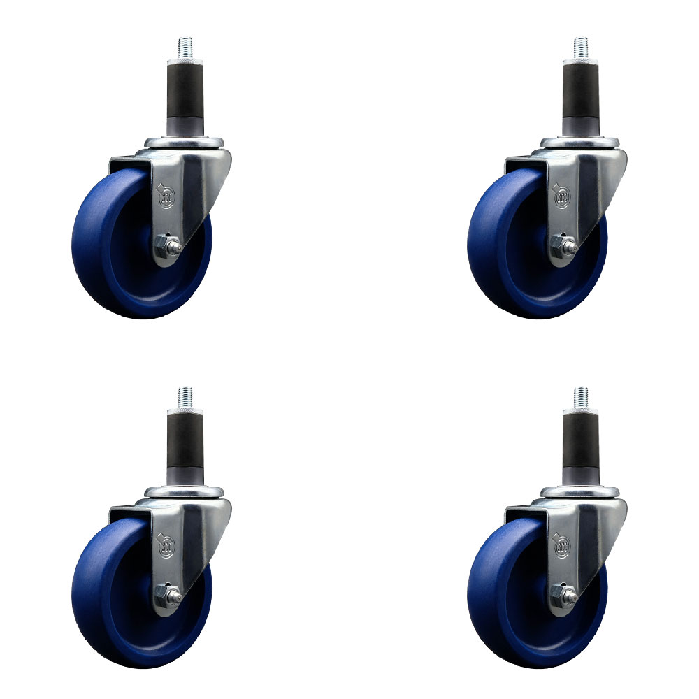 Solid Polyurethane Swivel Expanding Stem Caster Set of 4 with 4 Inch Blue Wheels and 1-1/4" Stems - 300 lbs. Capacity Per Caster - Service Caster Brand — photo 1