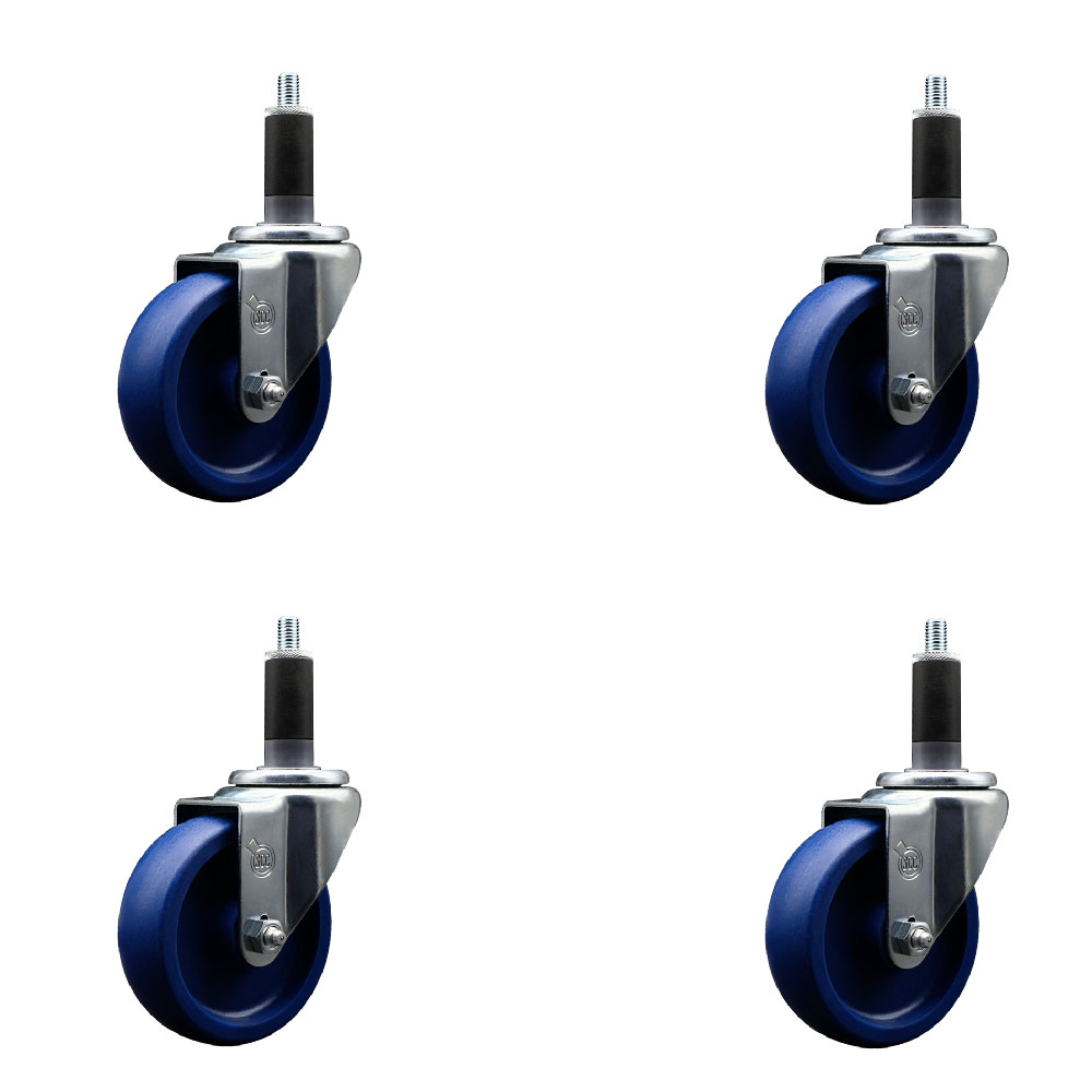 Solid Polyurethane Swivel Expanding Stem Caster Set of 4 with 4 Inch Blue Wheels and 1-1/8" Stems - 300 lbs. Capacity Per Caster - Service Caster Brand — photo 1