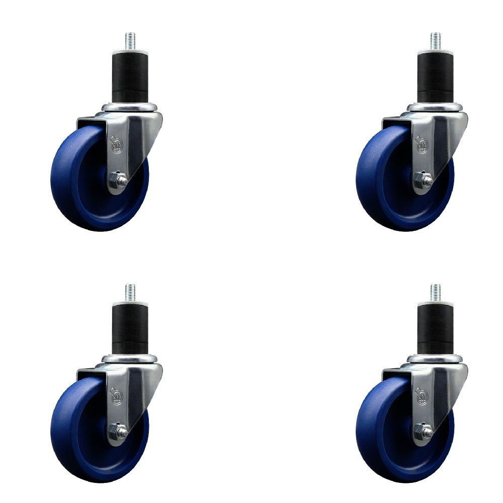 Stainless Steel Solid Polyurethane Swivel Expanding Stem Caster Set of 4 with 4 Inch Blue Wheels and 1-3/4" Stems - Includes 4 Swivel - 300 lbs. Capacity Per Caster - Service Caster Brand — photo 1