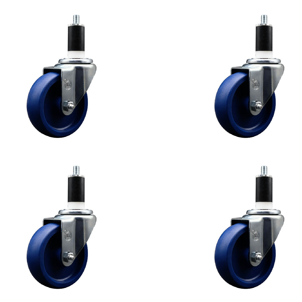 Stainless Steel Solid Polyurethane Swivel Expanding Stem Caster Set of 4 with 4 Inch Blue Wheels and 1-3/8" Stems - Includes 4 Swivel - 300 lbs. Capacity Per Caster - Service Caster Brand — photo 1