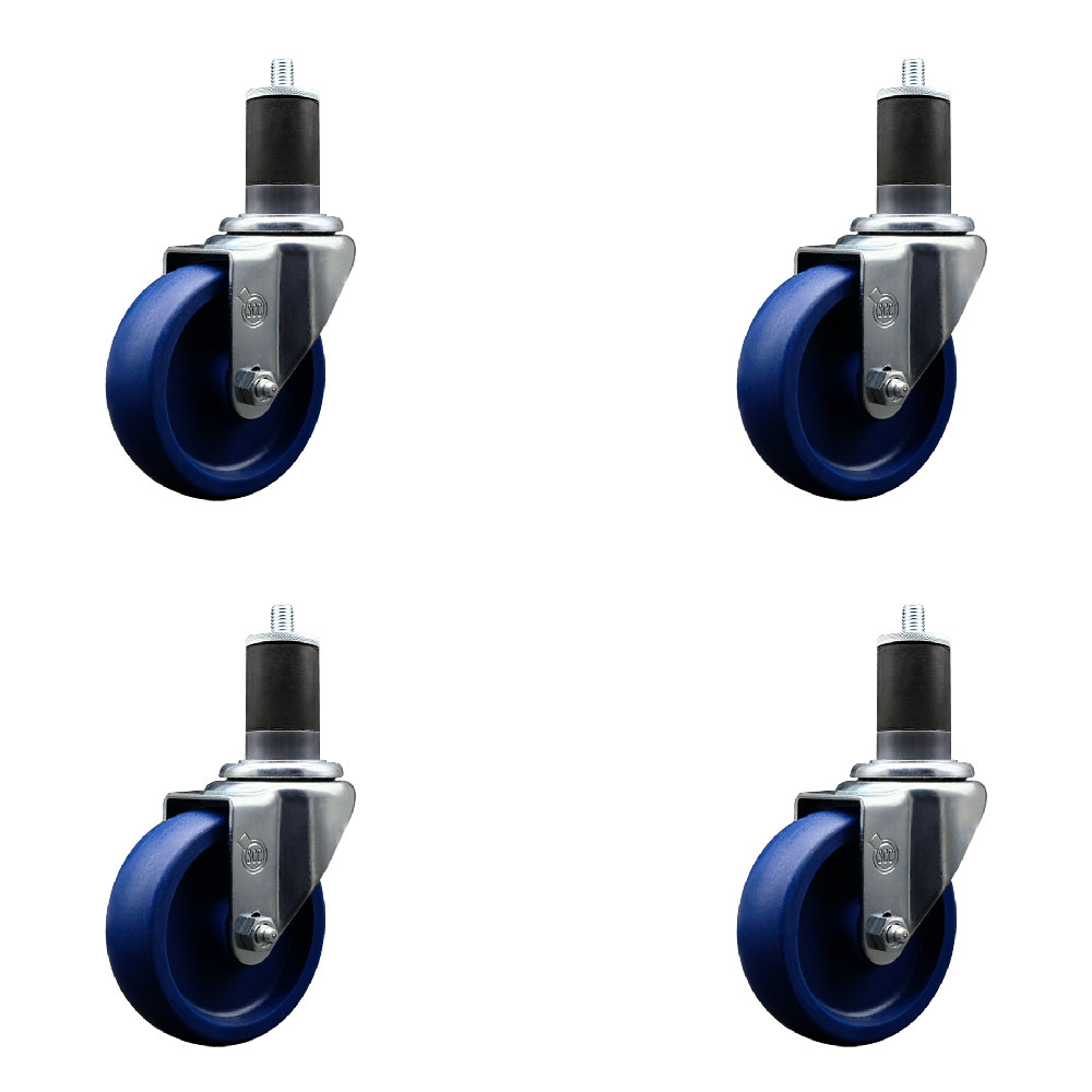 Stainless Steel Solid Polyurethane Swivel Expanding Stem Caster Set of 4 with 4 Inch Blue Wheels and 1-5/8" Stems - Includes 4 Swivel - 300 lbs. Capacity Per Caster - Service Caster Brand — photo 1