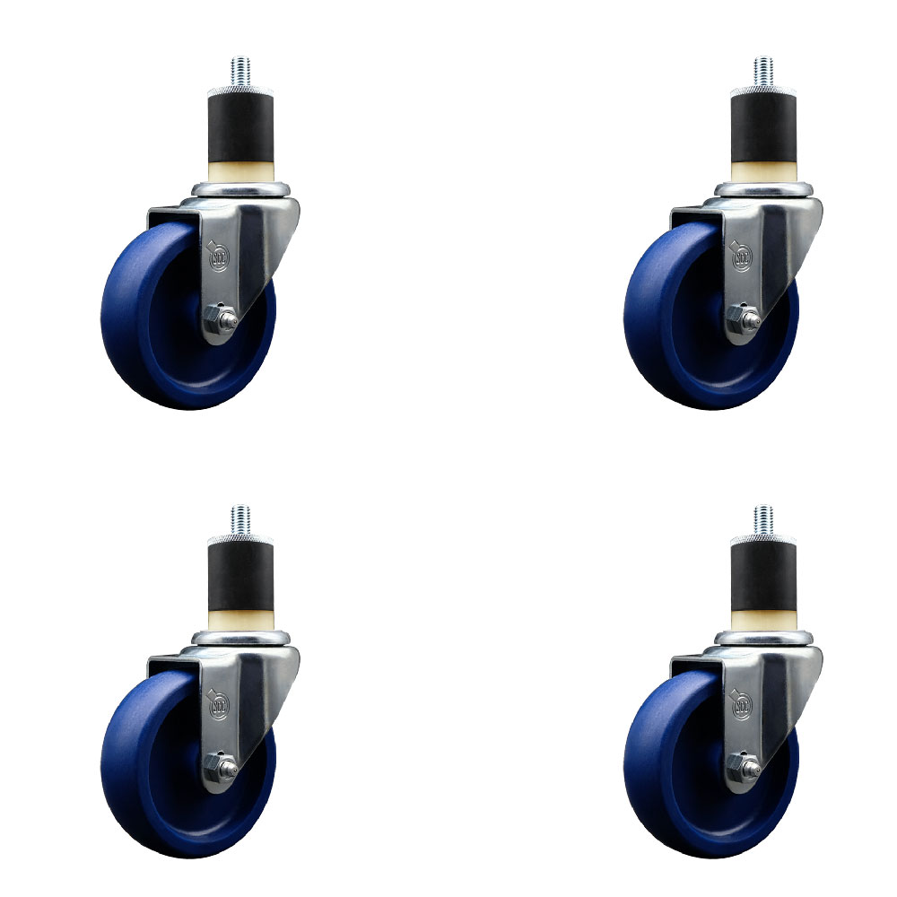 Stainless Steel Solid Polyurethane Swivel Expanding Stem Caster Set of 4 with 4 Inch Blue Wheels and 1-7/8" Stems - Includes 4 Swivel - 300 lbs. Capacity Per Caster - Service Caster Brand — photo 1