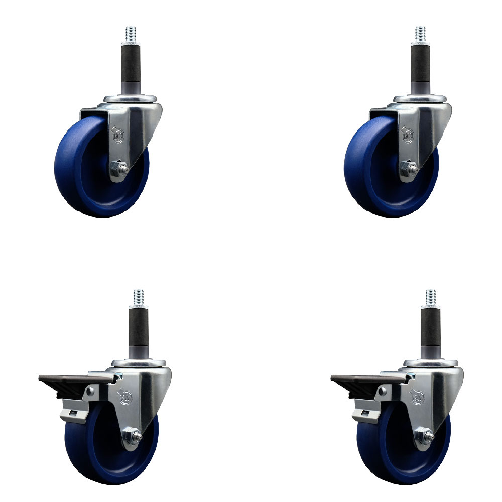 Solid Polyurethane Swivel Expanding Stem Caster Set of 4 with 4 Inch Blue Wheels and 1" Stems - Includes 2 with Posi Locking Brakes - 1200 lbs Total Capacity - Service Caster Brand — photo 1