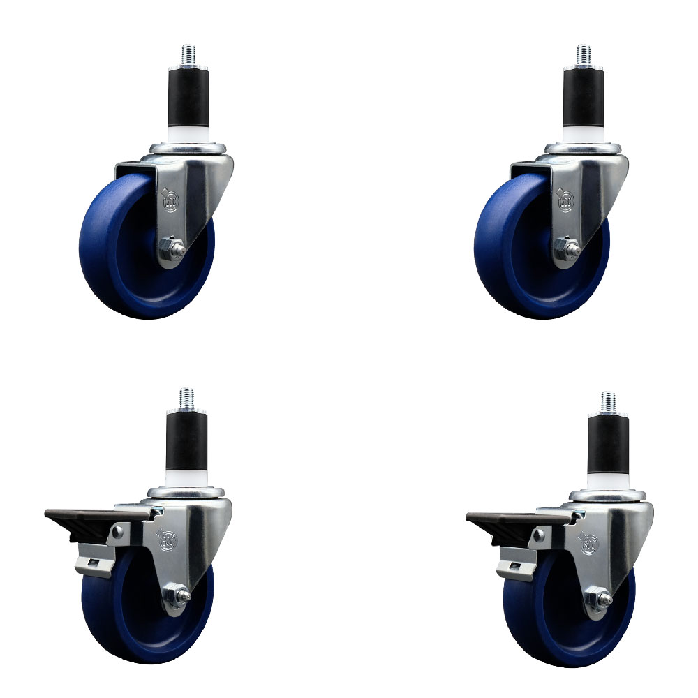 Solid Polyurethane Swivel Expanding Stem Caster Set of 4 with 4 Inch Blue Wheels and 1-1/2" Stems - Includes 2 with Posi Locking Brakes - 1200 lbs Total Capacity - Service Caster Brand — photo 1
