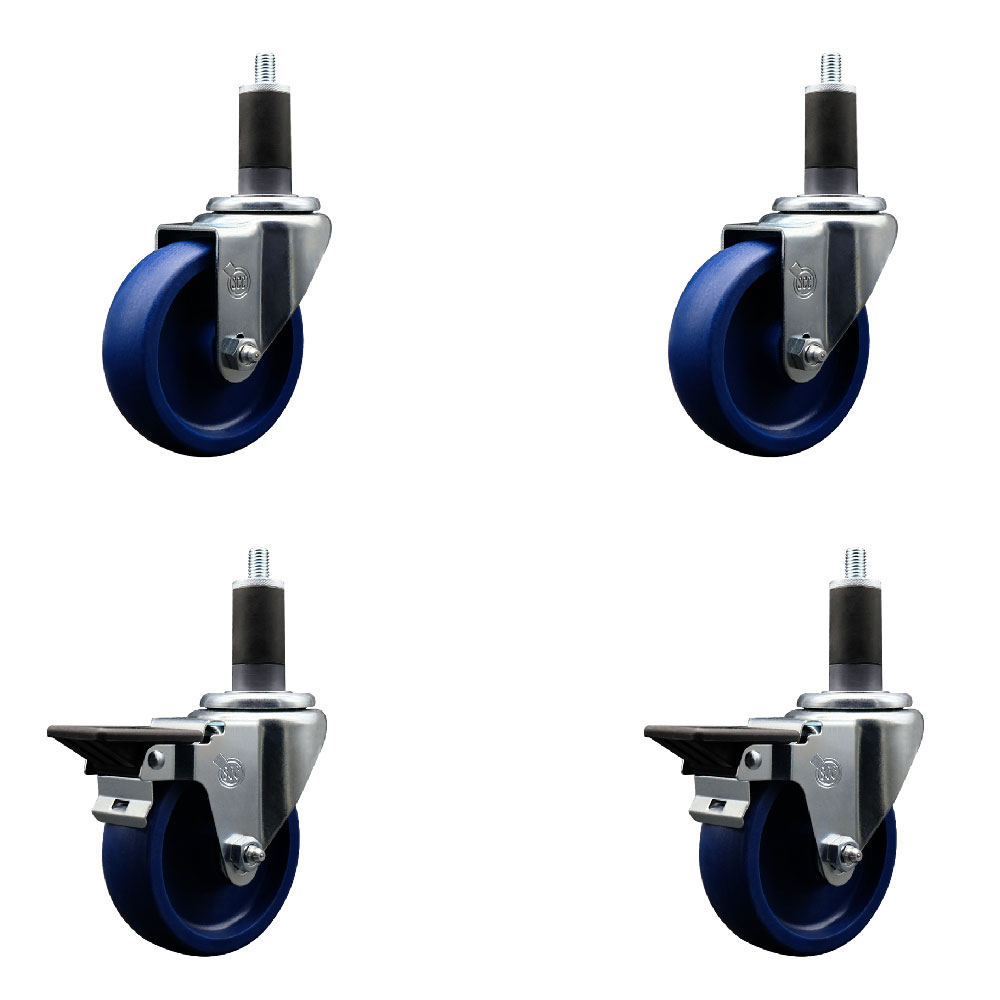 Solid Polyurethane Swivel Expanding Stem Caster Set of 4 with 4 Inch Blue Wheels and 1-1/4" Stems - Includes 2 with Posi Locking Brakes - 1200 lbs Total Capacity - Service Caster Brand — photo 1