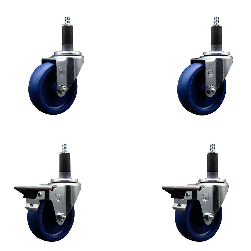 Solid Polyurethane Swivel Expanding Stem Caster Set of 4 with 4 Inch Blue Wheels and 1-1/8" Stems - Includes 2 with Posi Locking Brakes - 1200 lbs Total Capacity - Service Caster Brand — photo 1