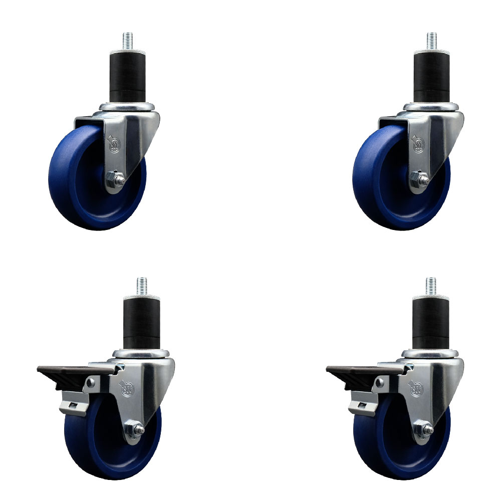 Solid Polyurethane Swivel Expanding Stem Caster Set of 4 with 4 Inch Blue Wheels and 1-3/4" Stems - Includes 2 with Posi Locking Brakes - 1200 lbs Total Capacity - Service Caster Brand — photo 1