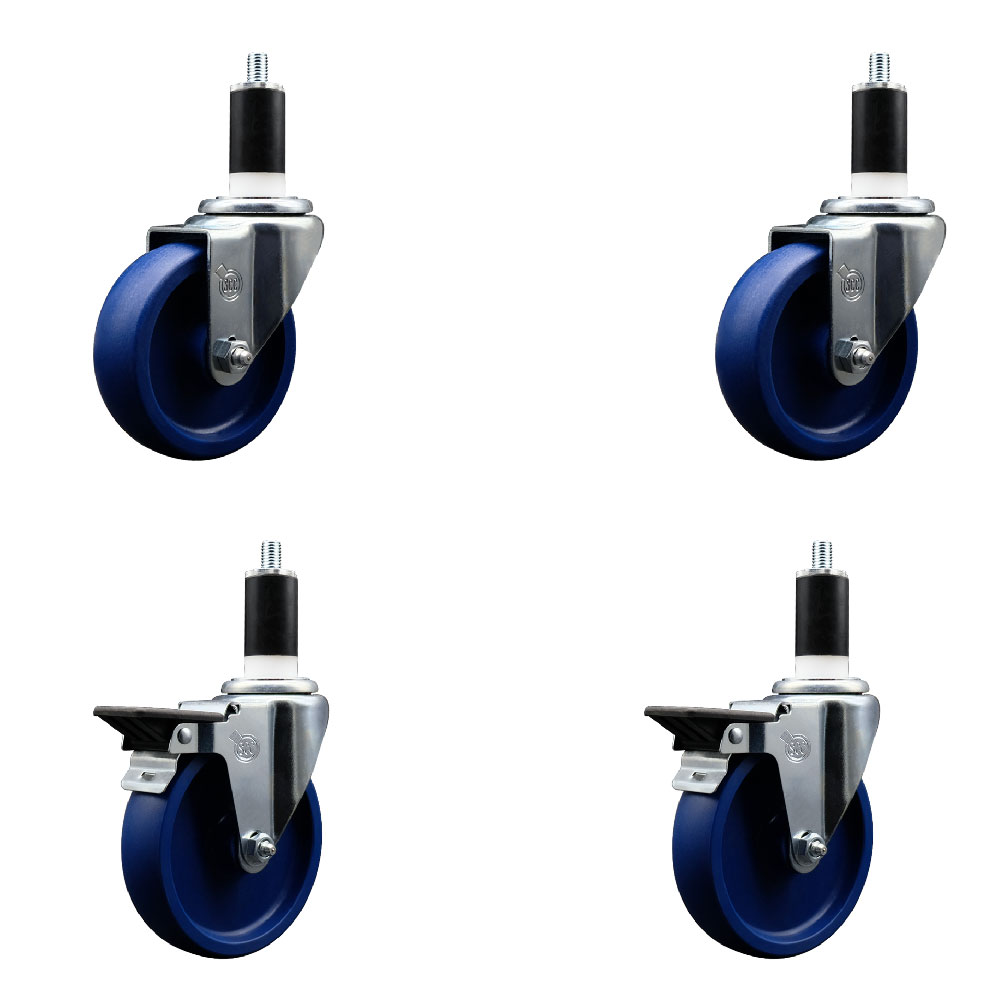 Solid Polyurethane Swivel Expanding Stem Caster Set of 4 with 4 Inch Blue Wheels and 1-3/8" Stems - Includes 2 with Posi Locking Brakes - 1200 lbs Total Capacity - Service Caster Brand — photo 1