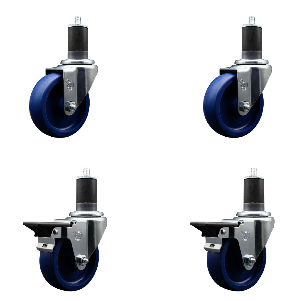 Solid Polyurethane Swivel Expanding Stem Caster Set of 4 with 4 Inch Blue Wheels and 1-5/8" Stems - Includes 2 with Posi Locking Brakes - 1200 lbs Total Capacity - Service Caster Brand — photo 1
