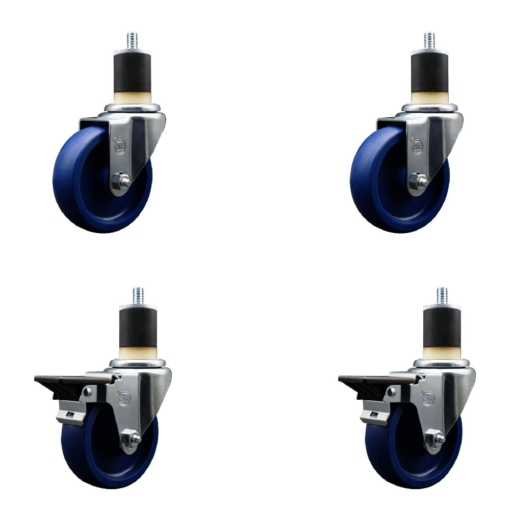Solid Polyurethane Swivel Expanding Stem Caster Set of 4 with 4 Inch Blue Wheels and 1-7/8" Stems - Includes 2 with Posi Locking Brakes - 1200 lbs Total Capacity - Service Caster Brand — photo 1