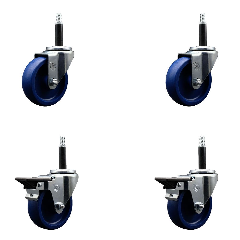 Solid Polyurethane Swivel Expanding Stem Caster Set of 4 with 4 Inch Blue Wheels and 3/4" Stems - Includes 2 with Posi Locking Brakes - 1200 lbs Total Capacity - Service Caster Brand — photo 1